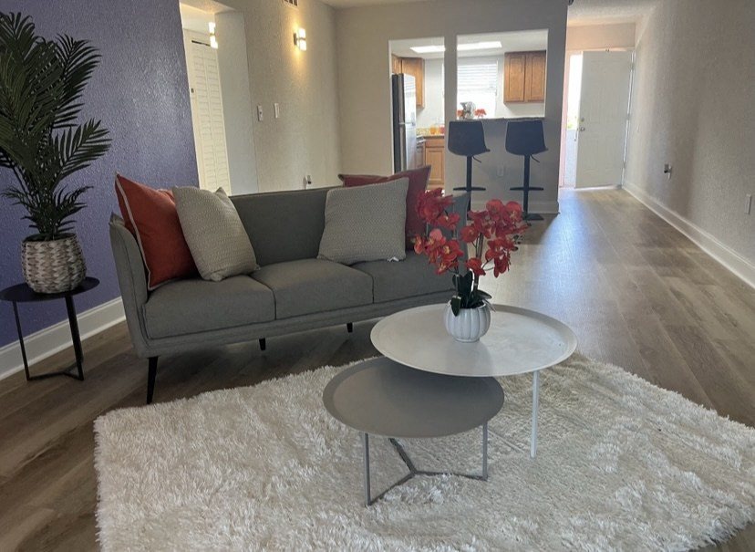 a living room with a gray couch and a white rug